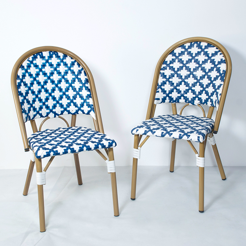 Vente chaude de haute qualité en métal empilable en plein air jardin Patio Bistro salle à manger français rotin / osier en aluminium chaises meubles