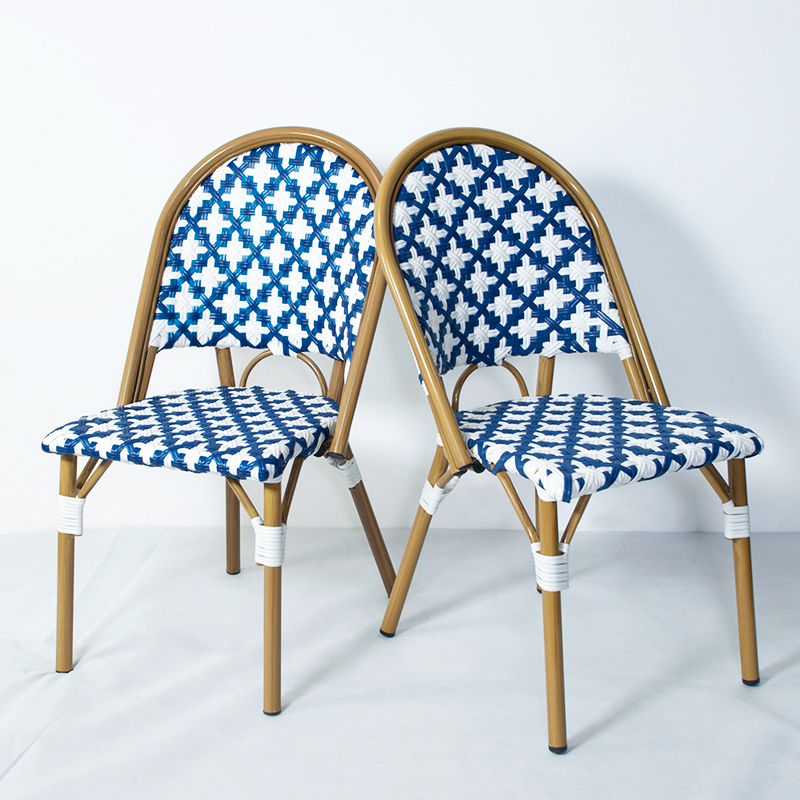 Vente chaude de haute qualité en métal empilable en plein air jardin Patio Bistro salle à manger français rotin / osier en aluminium chaises meubles