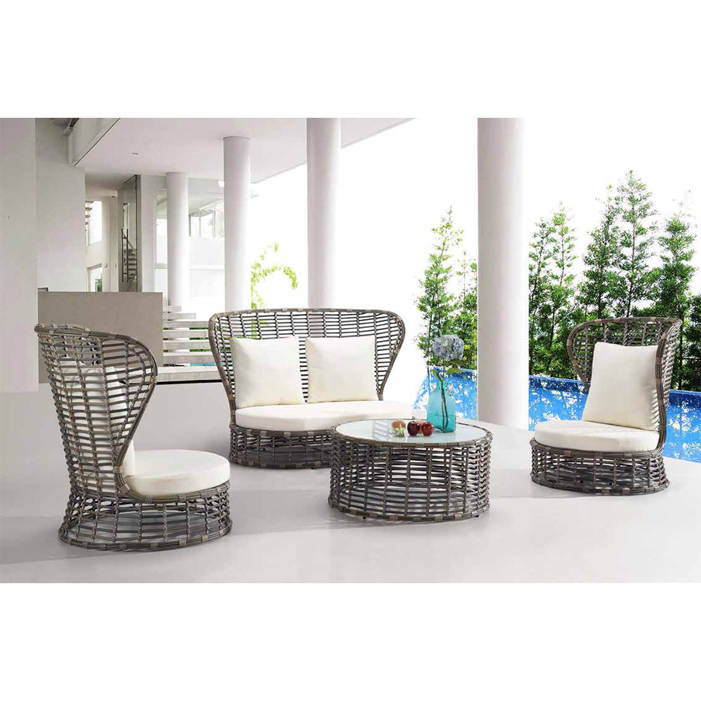 Ensemble de canapé en rotin gris à haut dossier rond pour extérieur